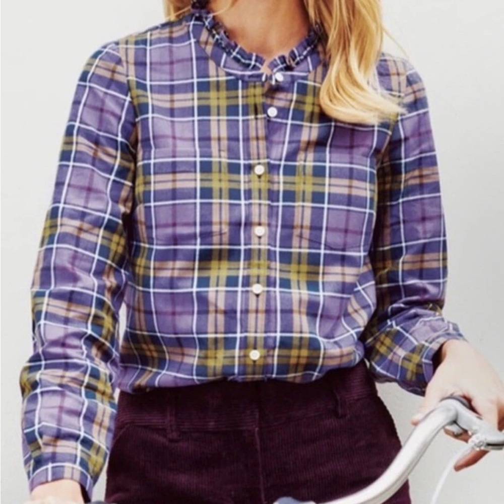 Boden Purple Plaid Ruffle-Collar Button-Down Size 2